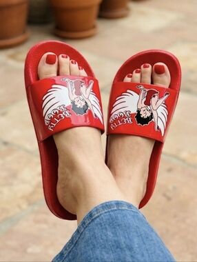 Betty Boop Red Woman Slide Sandals with Wing Graphic
